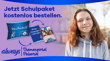 kostenloses Schulpaket für den Sexualkundeunterricht bestellen Mädchen lächelt in Kamera; Aufforderung zur Bestellung des Schulpakets